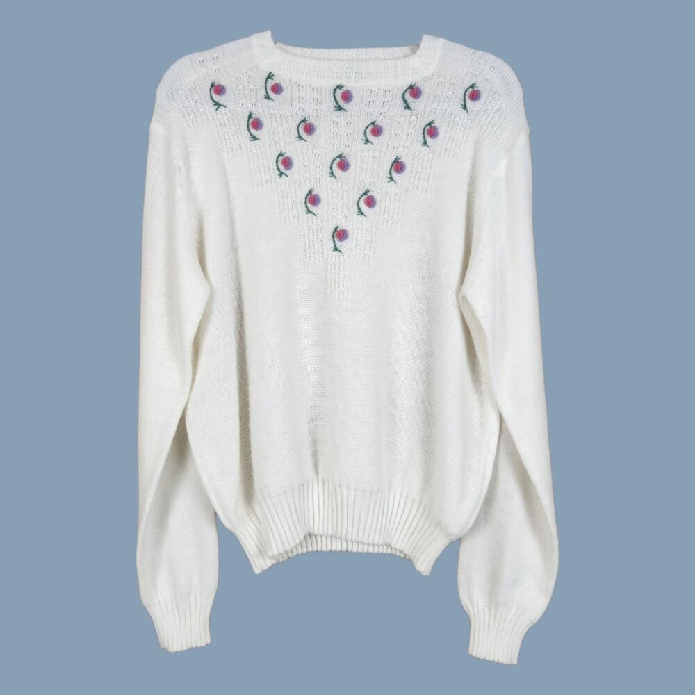 Vintage White Knit Coquette Sweater XL 3D Flower Detail Cottage Cute Granny Pink